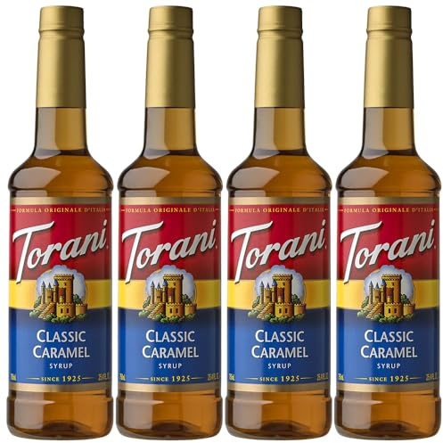 Torani Classic Caramel Coffee Syrup Gift Set (4 x 750ml) - Premium Caramel Syrup & Flavouring for Lattes, Macchiatos & Iced Coffee - Barista Quality, Vegetarian-Friendly