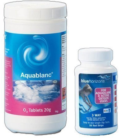 Happy Hot Tubs Aquablanc 1kg O2 Tablets 50 Test Strips Hot Tub Inflatable Spa Chlorine Free