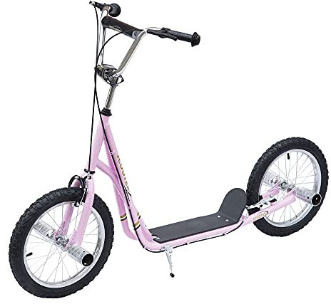 HOMCOM Stunt Scooter, Kids Scooter with 16 Big Wheels, Adjustable Height, Dual Brakes, for Ages 5+ Years, Pink