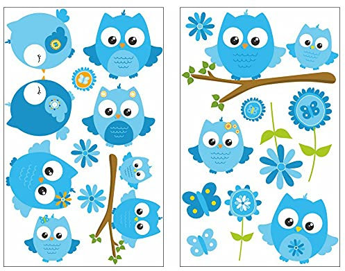 Samunshi® 19x Wandsticker Blaue Eule Wandtattoo Kinderzimmer Mädchen Jungen Kinder Wandtattoo Babyzimmer Deko Junge Wall Stickers 2x 21x34cm
