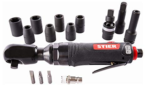 STIER Ratschenschrauber-Satz 33-1, 14 teilig Set, 1/2 Zoll Antrieb, Kraft-Steckschlüsseleinsatz 1/2 Zoll, Stecknippel 1/4 Zoll, Umschaltfunktion am Kopf