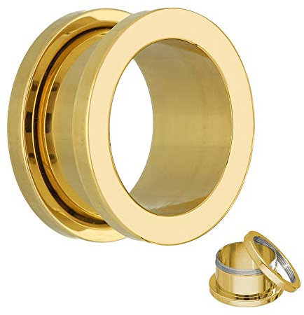 Treuheld® | 3mm Ohr Flesh Tunnel | Gold | Chirurgenstahl 316L | mit Gewinde - Schraubverschluss (zum Schrauben) | antiallergen