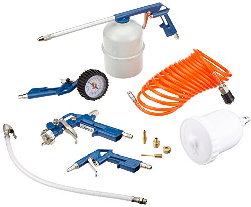 Scheppach 7906100723 8 pièces Kit d'outils, 6.01576.00, Spray pneumatique et pistolet de nettoyage, appareil de mesure de la pression des pneus, pistolet de soufflage, Tuyau Spirale et buses