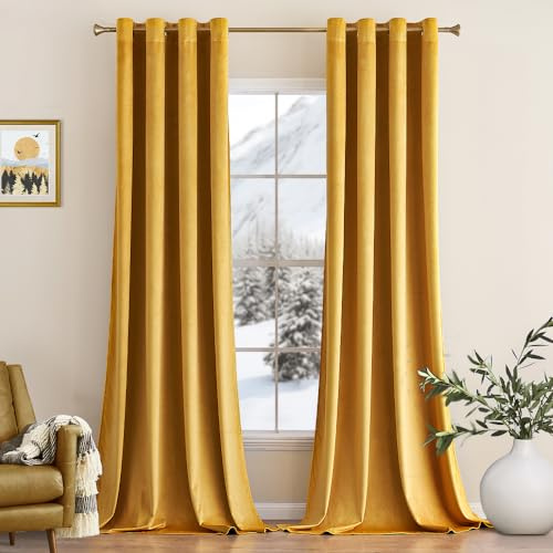 MIULEE Samtvorhang mit Ösen, Vorhänge Blickdicht 140x175 cm Senfgelb 2er | Weicher Gardinen Blickdichter Samtvorhang mit Ösen, Thermoverdunkelnd, Moderner Luxus für Wohnzimmer & Schlafzimmer