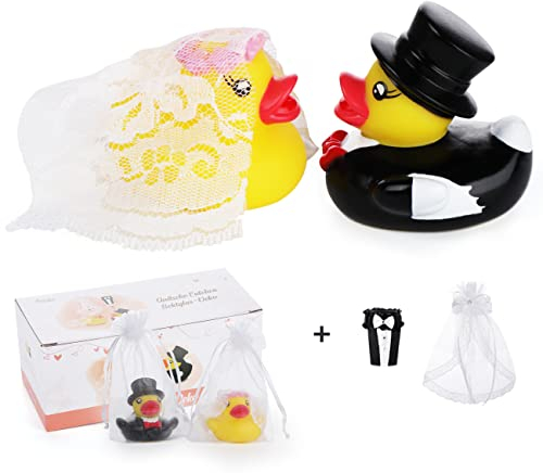 Adorfine Ente Hochzeitspaar Quietsche Entchen Hochzeitsenten mit Glas Hochzeit Sektglas Deko-Kleidung für Hochzeitsgeschenk Partydekoration(2 Paar)