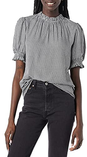 Amazon Essentials Women's Fluid Twill Short Puff Sleeve Smock Detail Shirt