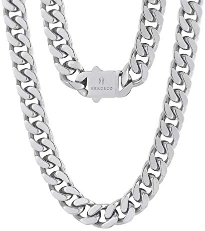 KRKC&CO 12mm Panzerkette, Weißgold plattiert Cuban Link Chain, Edelstahl Panzerkette Herren Silber Kubanische Gliederkette, Herren Silberketten Hip Hop Kette für Männer Jungen Größe 61cm