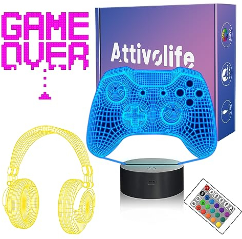 Game 3D Night Light, Attivolife Headphone Illusion Lamp with Remote Control+Timer 16 Color Changing Desk Lamps Kids Gamer Room Decor Best Cool Festival Birthday Gifts for Boys Girls Men Child (3 Kits)