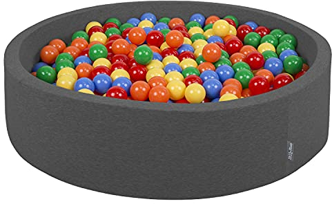 KiddyMoon Bällebad 120X30cm/600 Bälle Rund Groß Bällepool Mit Bunten Bällen Für Babys Kinder, Dunkelgrau:Gelb-Grün-Blau-Rot-Orange