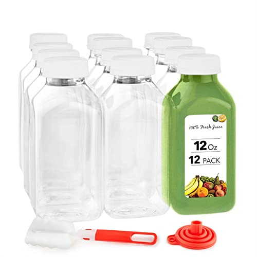 Juice Bottles with Lids for Juices and Smoothies, Reusable Clear Empty Plastic Bottles with Lids, 12 oz Beverage Containers for Mini Fridge Juicer Water Bottles