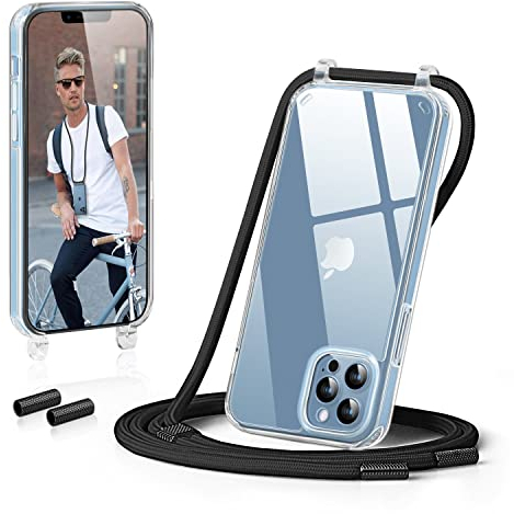 GOODVISH Handykette Kompatibel mit Apple iPhone 13 Pro Max 6,7 Zoll Display, Necklace Hülle mit Band Handyhülle für zum Umhängen, Transparent Case mit Schnur Kameraschutz und Bildschirmschutz, Schwarz