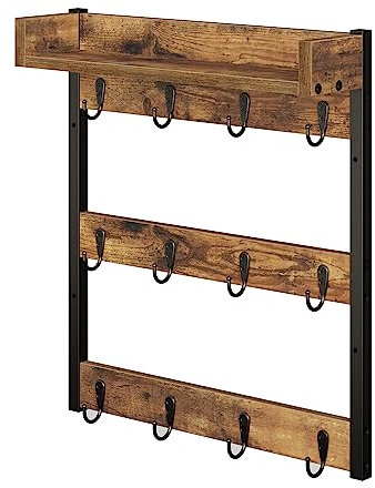 YATINEY Mug Tree, Coffee Mug Holder Stand, 3-Tier Wall Mounted Mug Storage, Mug Hanging Rack with Top Shelf, Mug Display Stand, Hanging 12 Cups, for Kitchen, Dining Room, Cafe, Rustic Brown XMH42BR
