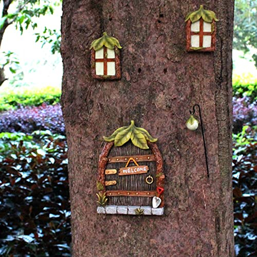 OKESYO Porta d'elfo, porta del gnomo delle fate, giardino, fate, porta del gnomo, decorazione da giardino, in stile retrò, con elfi e finestre, in resina, per alberi, resistente alle intemperie,