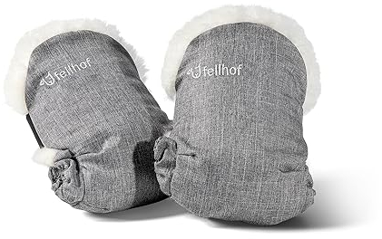 Fellhof® Kinderwagen Handwärmer UNI, 100% Merino-Lammfell, wind- u. wasserabweisend, reflektierende Streifen, OEKO-TEX® zertifiziert, Universalgröße für alle Kinderwagen black-melange