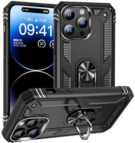 Fetrim Hülle für iPhone 15 Pro, stoßfest Schutzhülle mit Drehring Ständer für Apple iPhone 15 Pro Schwarz