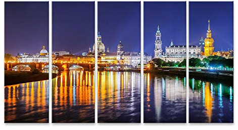 Bild auf Leinwand Dresden Altstadt Nacht Deutschland Panoramablick Dresden Altstadt Spiegelung Elbe Spätabend Deutschland Wandbild Poster Kunstdruck Bilder