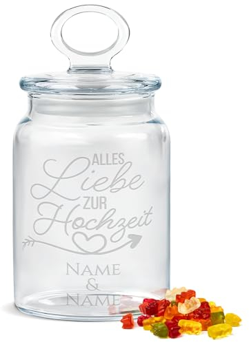 PR Print Royal Personalisierte Keksdose aus Glas mit Gravur zur Hochzeit - 800 ml - Herz mit Namen als Geschenk zur Hochzeit | Personalisiertes Geschenk Ideen Hochzeitsgeschenk