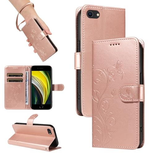 SRISHP Hülle für iPhone SE 2022 / iPhone SE 2020 / iPhone 8 / iPhone 7 / iPhone 6 Hülle, Premium PU Leder Handyhülle mit Band, Magnet Flip Case für iPhone SE 2022 / SE 2020, Rosé Gold