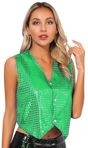 inlzdz Damen Pailletten Weste Anzugweste ärmellos Jacke V-Ausschnitt Glitzer Tank Top Slim Fit Oberteil Karneval Fasching Disco Nachtclub Grün S