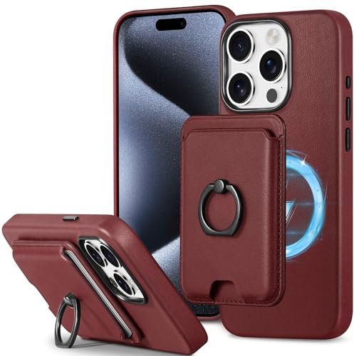 SHIELDON Real Leather Case for iPhone 15 Pro + Detachable Magnetic Wallet [RFID Blocking][Secure-Grip Stand][Magnetic Wireless Charging] Protective Slim Case Compatible with iPhone 15 Pro - Wine Red