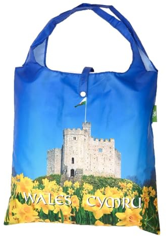 ECO CHIC Lightweight Foldable Reusable Shopping Bag Water Resistant Tote Bag (Tourist Collection Wales)