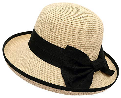 MILAX Damen Schleife Faltbar Uv Schutz Sonnenhut Strohhut Damen Mit Breiter Krempe Faltbar, Boho, Sommer, Damen, Sommer Atmungsaktiv Floppy-Strandhut Mit Breiter Krempe