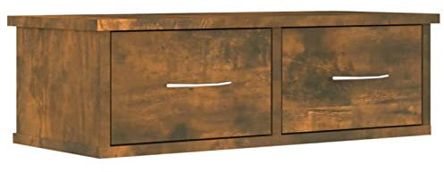 Homgoday Mensola da parete con cassetti, mensola sospesa da parete con 2 cassetti, mensola portaoggetti per corridoio, mobile TV sospeso mobile soggiorno rovere fumé 60 x 26 x 18,5 cm legno
