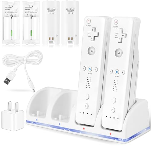 4-in-1 Charger for Wii&Wii U Remote Controller,Charging Station with 4 Rechargeable Batteries（4 Port Charging Station+4 Extra 2800mah Replacement Battery Packs+USB Cable,Not Include Remote.