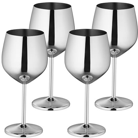 Relaxdays Weingläser Edelstahl, 4er Set, bruchsicher, Lange Kühlwirkung, 400 ml, Rotweingläser für unterwegs, Silber
