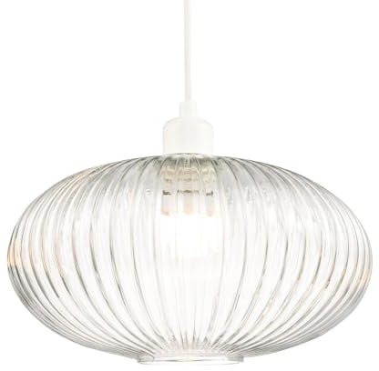 Modern Designer Clear Transparent Line Ribbed Glass Oval Pendant Lamp Shade | 30cm x 17cm | for Kitchen Island Living Room Bedroom Dining Room etc by Happy Homewares