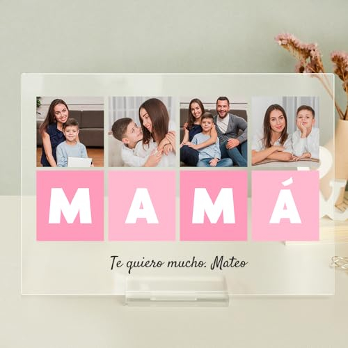 Transparent Gift Placa Personalizada con Cuatro Fotos Mamá Horizontal. Regalos Día de la Madre. Regalos Originales para Mujer. Regalos para Madres. Regalos de Cumpleaños para Mujer. Placa Metacrilato