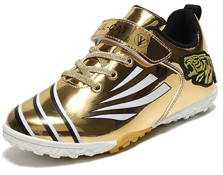 Hsnava Breathable Astro Turf Football Boots no Studs Indoor Soccer Shoes for Kids Athletic Shoes Gifts Gold 11 UK Child