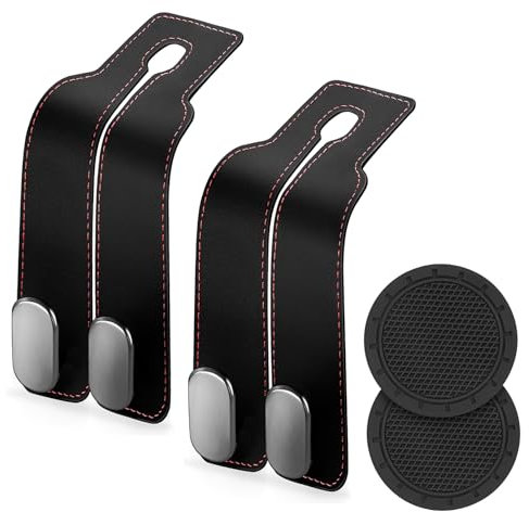 Xndryan Car Seat Back Storage Hook, 2Pcs Auto Headrest Hooks Leather Car Seat Organiser Hooks with 2Pcs Cup Holder Coaster, Heavy Duty Storage Hooks for Bags, Purses, Handbags