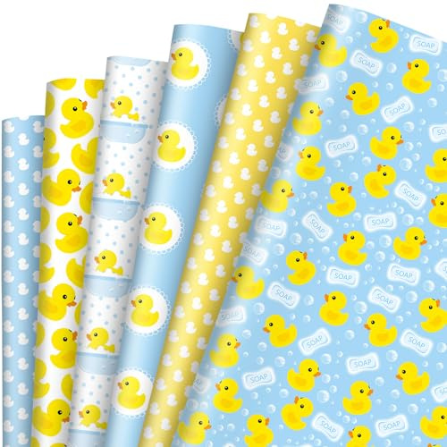 JarThenaAMCS 12 Blatt Gummi-Enten-Geschenkpapier – keine Rolle – Gelb / Blau Sommer Bubble Duck Geschenkpapier Kunstpapier für Weihnachten Geburtstag Babyparty Party Geschenk DIY Verpackungszubehör 50