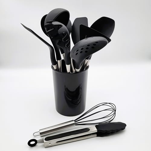 BWG Premium Küchenhelfer Set Edelstahl - Silikon12-teilig, Kochbesteck, Kochutensilien, Set aus hochwertigem Silikon in Schwarz, Griffe in elegantem Design, hitzebeständig.