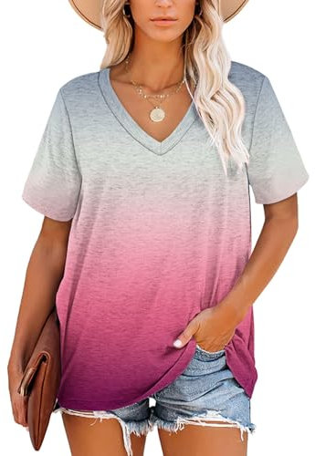 MOLERANI t-Shirts pour Femmes à Manches Courtes col en V Hauts d'été Garniture rayée t-Shirt décontracté en Vrac Gris dégradé Rose M