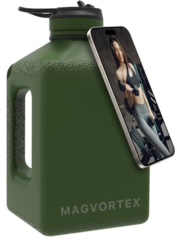 Magvortex Wasserflasche, 2,7 l, BPA-freier Kunststoff, magnetischer Handyhalter, breite Öffnung, auslaufsicherer Klappdeckel, große tägliche Trinkflasche, für Hydratation, Fitnessstudio, Wandern und