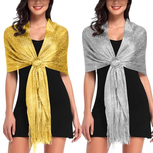 YILANJIN Elegante Stola mit Quasten für Abendkleid, Damen Schal Festlich mit Schnalle und Pailletten, Lang für Hochzeit - Gold, Silber