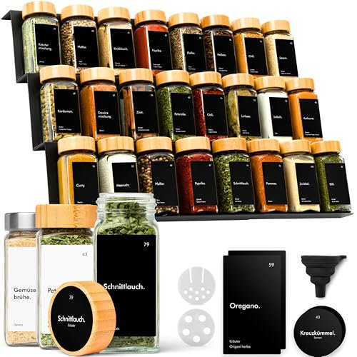 KIVY Gewürzregal mit Gläsern | inkl. 24 Gewürzgläser mit Etiketten - Verstellbar & passend für alle Schubladen - Gewürzgläser mit Regal - Gewürzregal Schublade - Gewürz Organizer Schublade