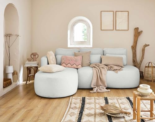 Lisa Design Mahina - 4-Sitzer Ecksofa Links - Schlaffunktion und Bettkasten - aus Bouclé-Stoff Hellgrau