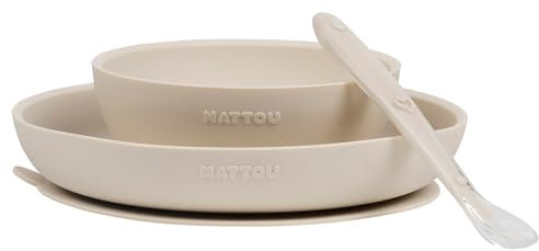 Nattou Vaisselle en Silicone pour Enfants, Set Repas 3 Pièces, 1 Cuillère, 1 Assiette, 1 Bol, Antidérapants, sans BPA, Vegan, Silicone, Argile