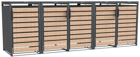 WESTMANN Metall Mülltonnenbox Lacina 5x240 L Anthrazit Holzoptik Mülltonnen Verkleidung mit Gasdruckfedern Pulverbeschichteter Stahl Wetterfest & stabil Klappdeckel & Fronttüren