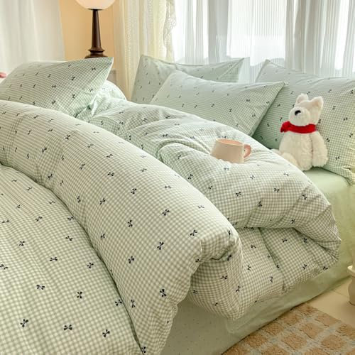 Nyescasa Housse de Couette 220x240 Vert et Blanc à Carreaux Vichy Motif Nœud Papillon Parure de lit Adulte 2 Personnes en Microfibre Housse Couette avec Fermeture Éclair et 2 Taies d'oreiller 65x65 cm