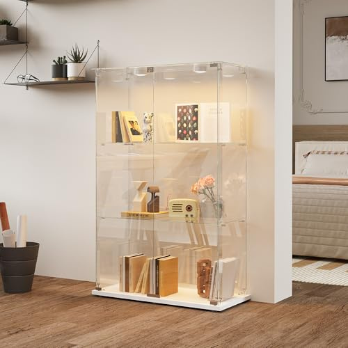 Glasvitrine, Vitrinenschrank Glasvitrine Mit LED Beleuchtung, Glasvitrine Stehend Mit Schloss, 2 Türen Und 3 Regalen, Glas Vitrine Standvitrine Für Wohnzimmer Schlafzimmer Büro (Weiß, 3 Regale)