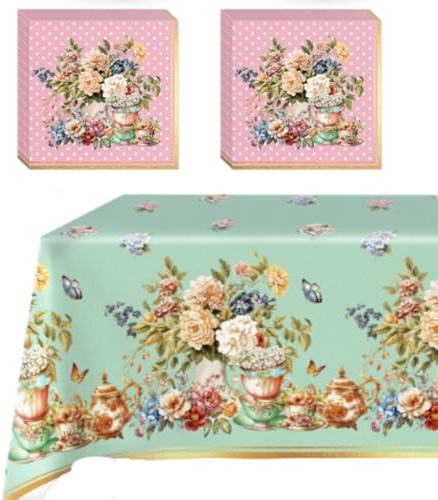 GHKJOK Tea Party Tablecloth and Napkins Set – 2 Waterproof Floral Table Covers with 20 Vintage Rose Paper Napkins, Elegant Afternoon Tea Decorations for Birthday Bridal Shower Garden Party