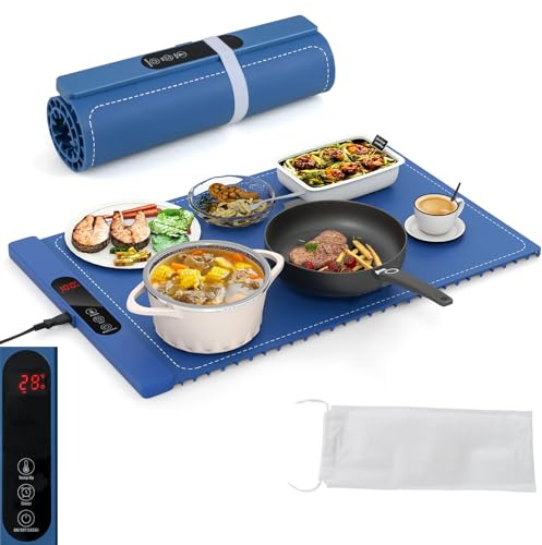 RELAX4LIFE Chauffe-Plat Électrique en Silicone Enroulable avec 6 Températures Réglables 50-100℃ et Minuteur 1-2-4H, Sangle Auto-Agrippante, Sac de Rangement pour Buffets Fête Voyage Réunions, Bleu