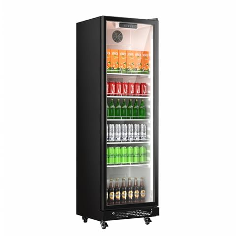 Upstreman 345L Getränkekühlschrank mit Glastür, Bierkühlschrank mit LED-Beleuchtung & höhenverstellbaren Regalen, Sicherheitsschloss, arretierbaren Lenkrollen, D345 Schwarz
