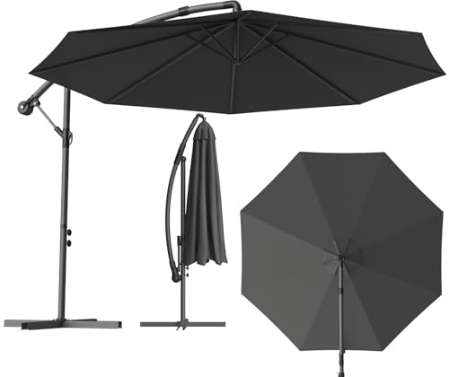 WoRaum Parasol à Manivelle avec Pied Croix Inclus – Parasol de Balcon & Jardin Extérieur, 8 Baleines, Ouverture de Toit,180g Polyester (3m/3.5m, Rund, Beige/Gris foncé /,avec lampe/no lampe)
