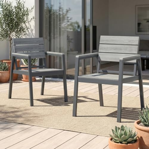TRIUMPHKEY 2 Set Gartenstühle aus Aluminiumguss, Terrassenstühle in Holzoptik mit Armlehnen, Gartensessel für Garten, Balkon, Hinterhof, Grau