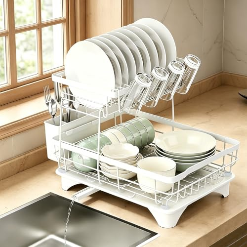 Topnewhome 2 stöckiges Über-Spüle Abtropfgestell mit Besteckhalter (Weiß) | 2-stöckiger Spülorganizer mit Besteckhalter, Tropfschale und 360° Wasserablauf. Platzsparend für Geschirr und Tassen.